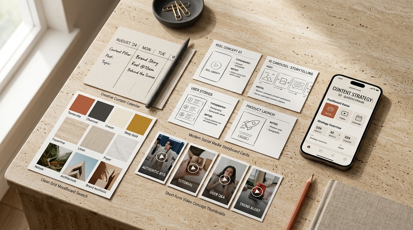 Content and Social Media Strategy Visual — Smartphone mockups, storyboard cards, video concept thumbnails, and moodboard