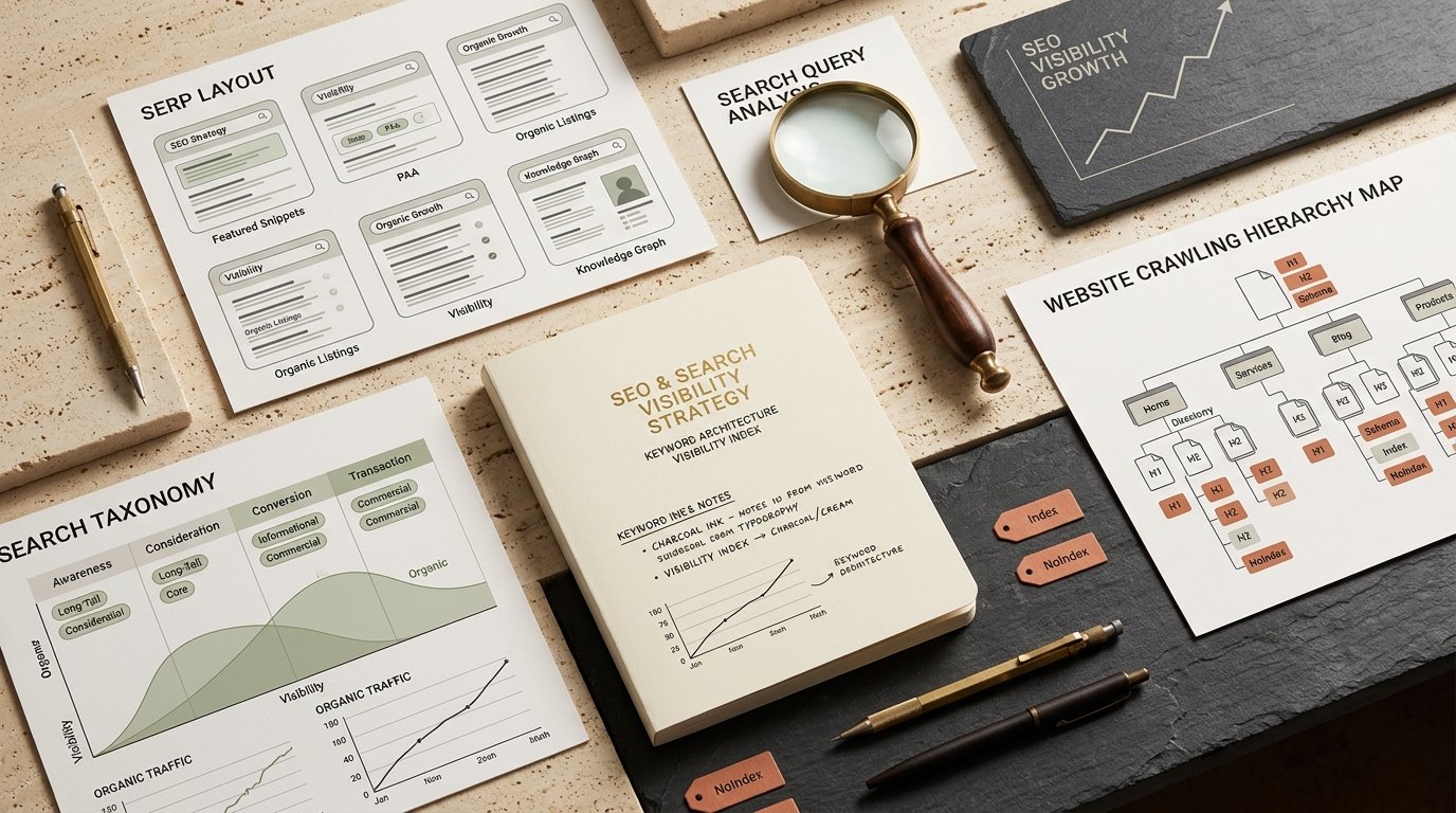 SEO and Search Visibility Visual — SERP layout, keyword taxonomy, website crawling hierarchy map, and visibility index